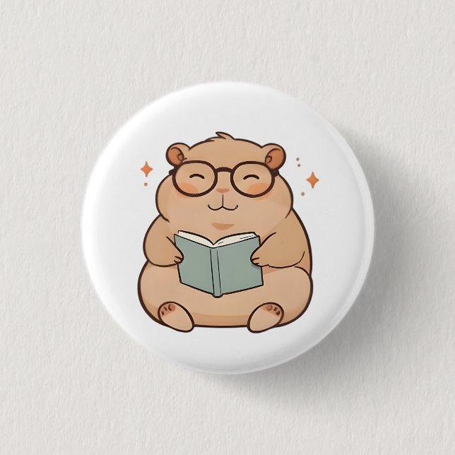 Reading Capybara with Glasses Kawaii Design 1 Inch Round Button (Front)