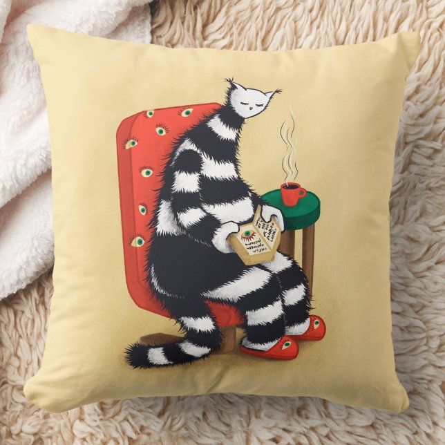 Reading Cat Book Lover Throw Pillow (close up of a pillow opn floor with image of weird cat reading book
)
