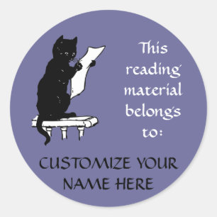 Reading Cat Bookplate Sticker in Denim Blue