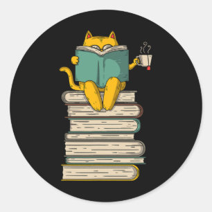 Reading Cat - Funny Book And Tea Lover Gift Short Classic Round Sticker