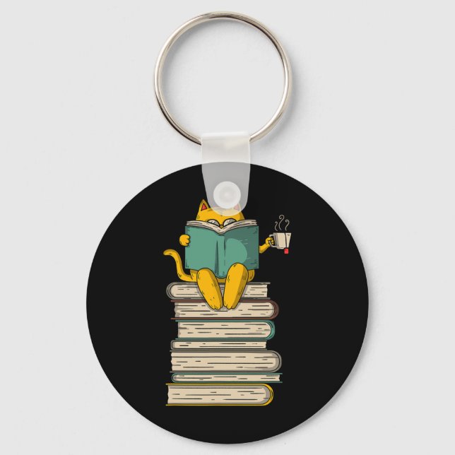Reading Cat - Funny Book And Tea Lover Gift Short  Keychain (Front)