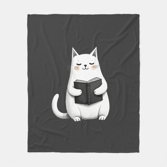 Reading Cat Funny Cat Book Lover Fleece Blanket (Front)