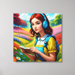 Reading Girl With Headphones Colourful Landscape Canvas Print