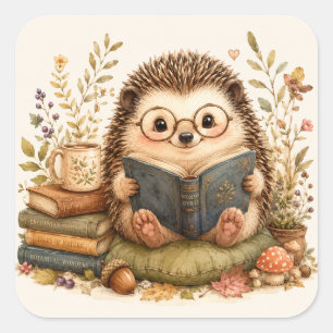 Reading Hedgehog Watercolor Art Square Sticker