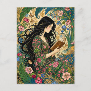 Reading in the Garden Art Nouveau  Postcard