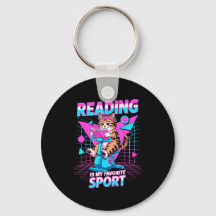 Reading is favourite sport funny cat book lover keychain