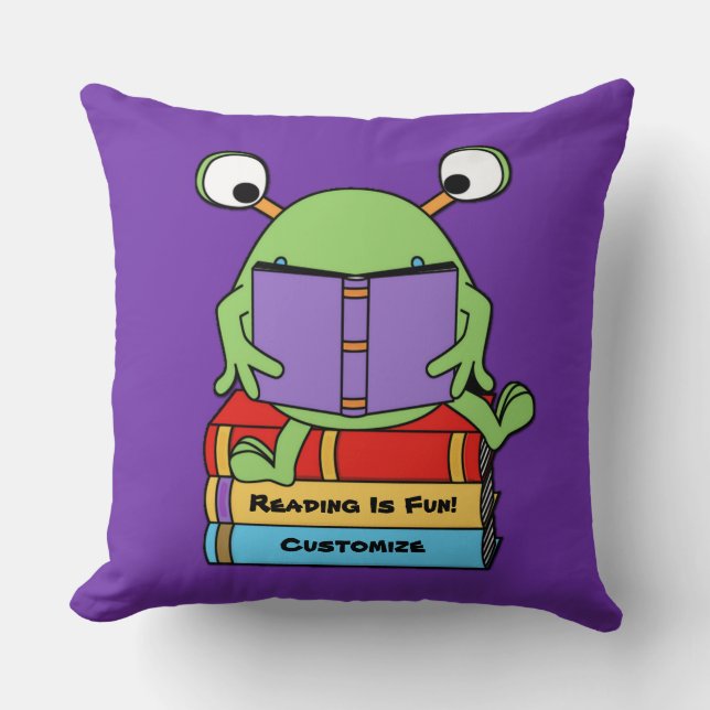 Reading Is Fun Cute Book Loving Alien Throw Pillow (Front)