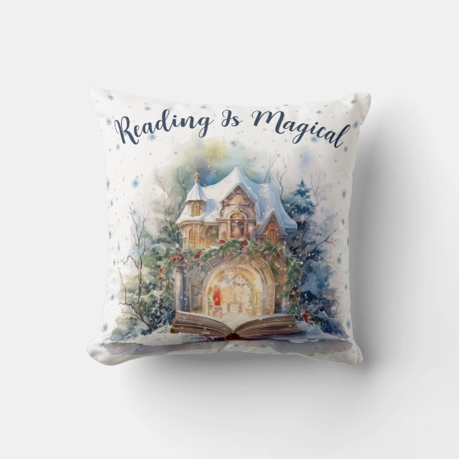 Reading is Magical Snowflake Design Throw Pillow (Front)