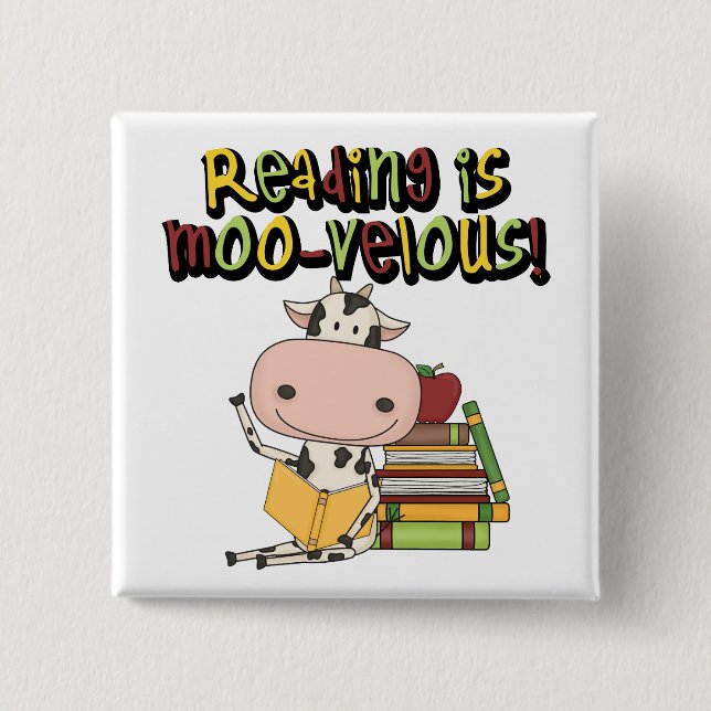 Reading is Moo-velous 2 Inch Square Button (Front)