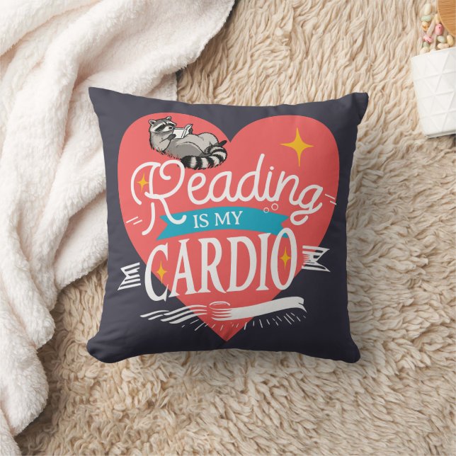 Reading is My Cardio Red Heart Raccoon Throw Pillow (Blanket)