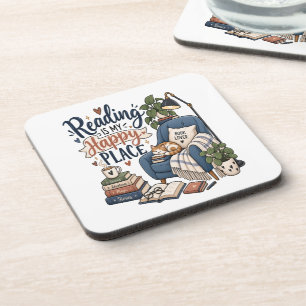 Reading Is My Happy Place – Cozy Book Lover Design Coaster