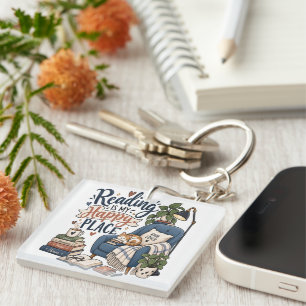 Reading Is My Happy Place – Cozy Book Lover Design Keychain