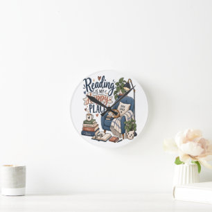 Reading Is My Happy Place – Cozy Book Lover Design Round Clock