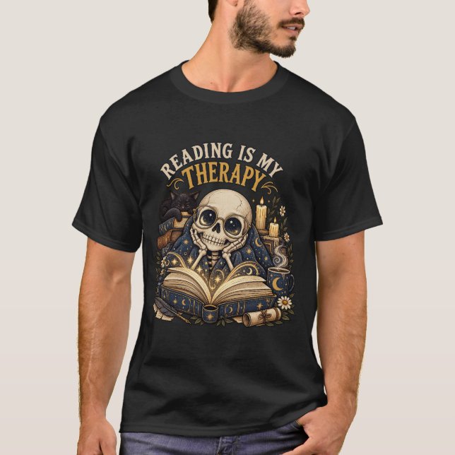 Reading Is My Therapy Celestial Skeleton Bookish T-Shirt (Front)