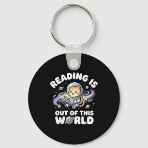 Reading is out of this world funny cat space books keychain