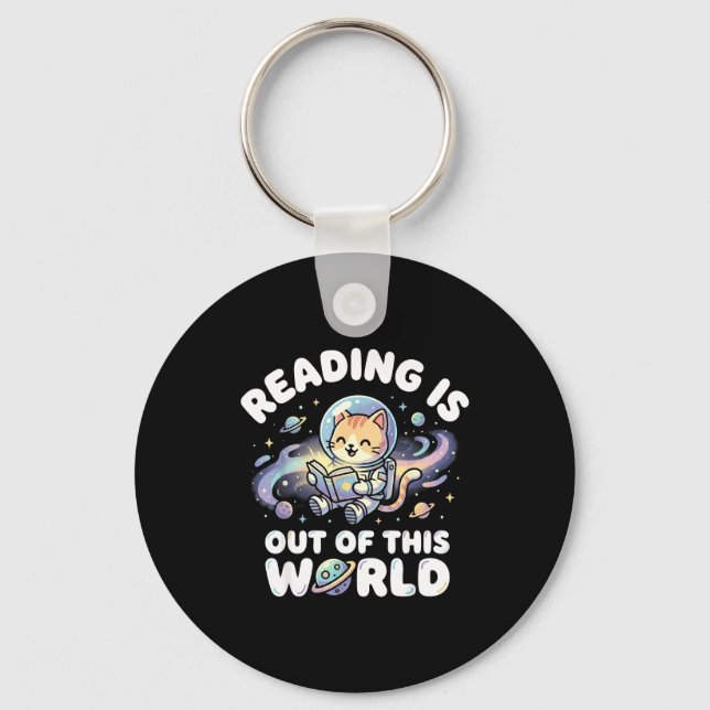 Reading is out of this world funny cat space books keychain (Front)