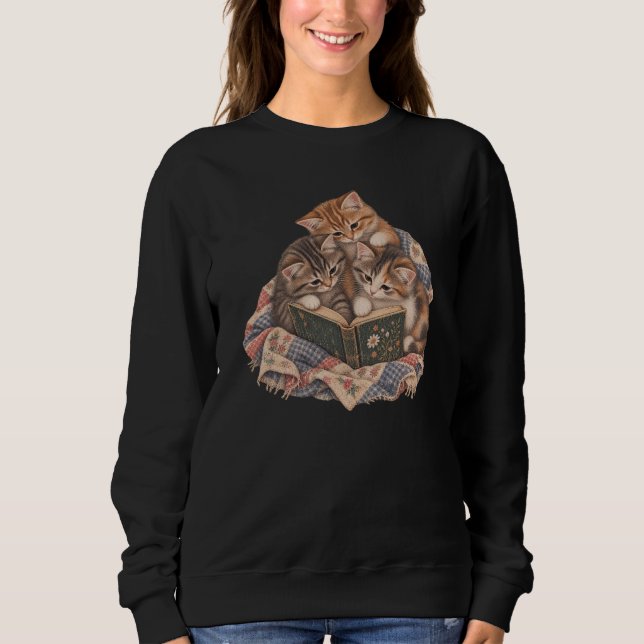 Reading Kittens | Cat Book Stack, Cozy Plaid  Sweatshirt (Front)