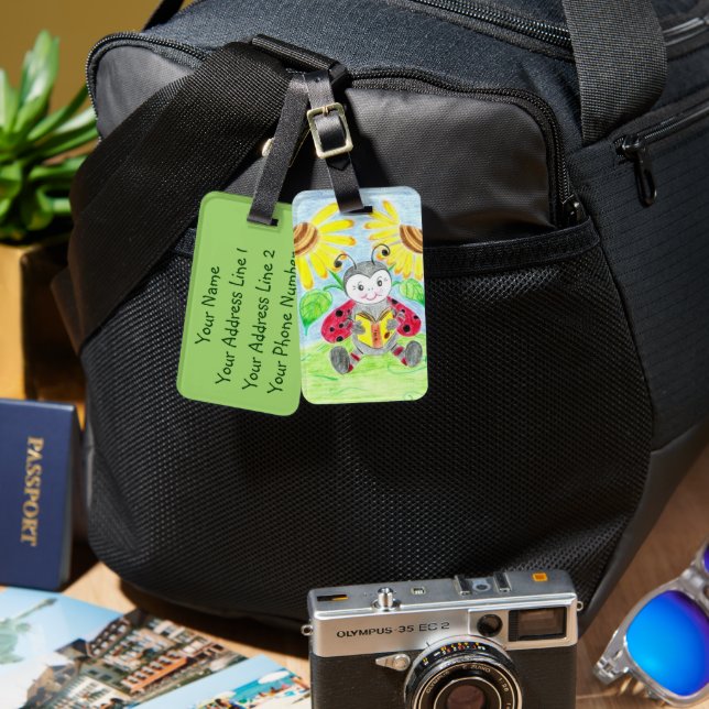 Reading ladybug kid personalized luggage tag (Front & Back)