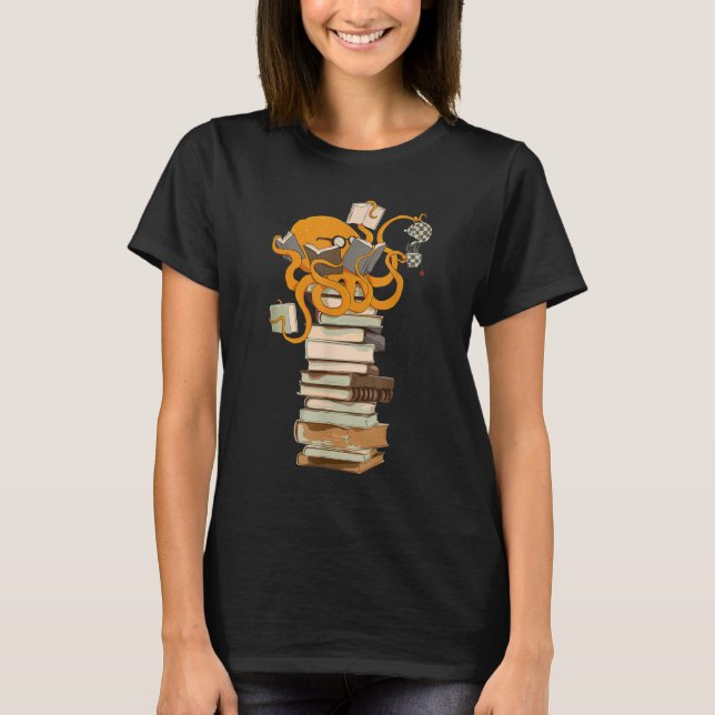 Reading Octopus, tea, coffee and books T-Shirt (Front)