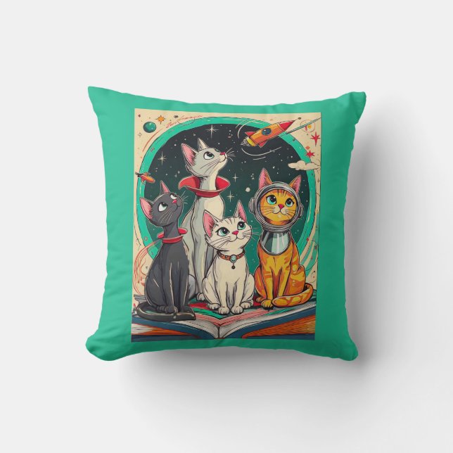Reading Opens a Gateway to Cosmic Cat Adventures Throw Pillow (Front)