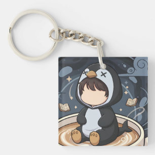 Reading Penguin with Warm Cup Keychain