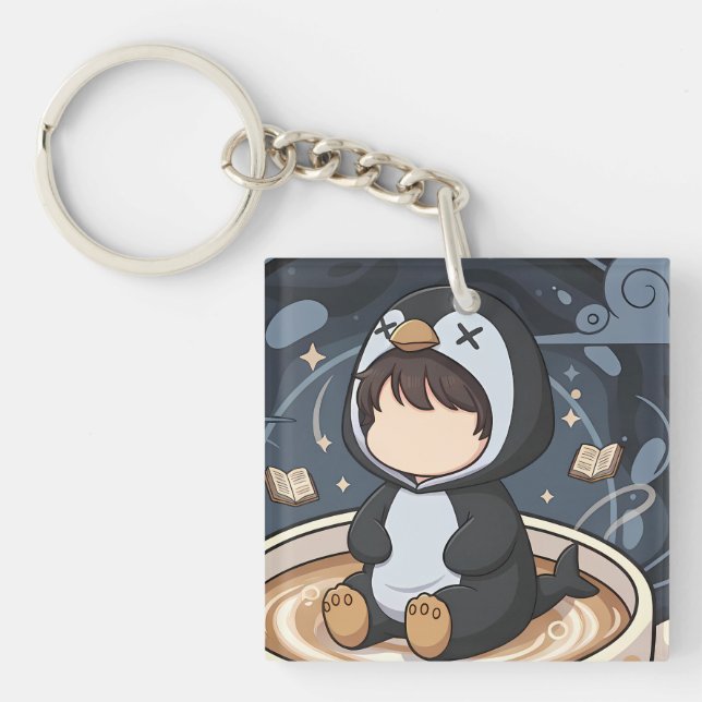 Reading Penguin with Warm Cup Keychain (Front)