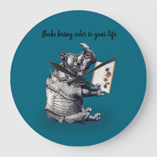 Reading Rhinoceros loves books Large Clock