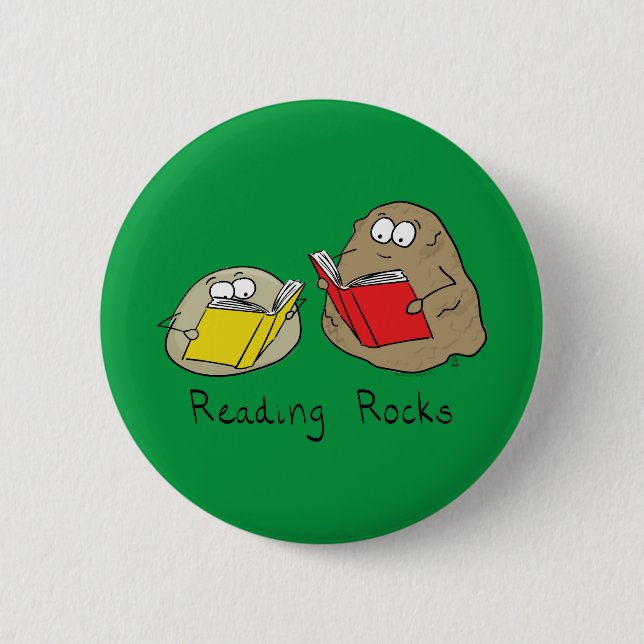 Reading Rocks Funny Book Button Pin (Front)