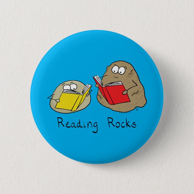 Reading Rocks Funny Book Button Pin (Front)