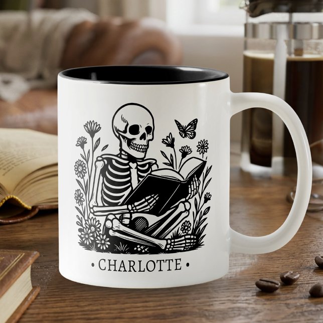 Reading Skeleton Gift For Book Lover Personalized Two-Tone Coffee Mug (Creator Uploaded)
