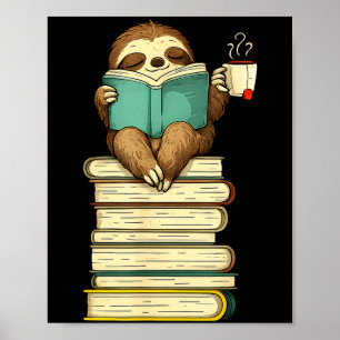 Reading sloth animal funny sloth reading book tea poster