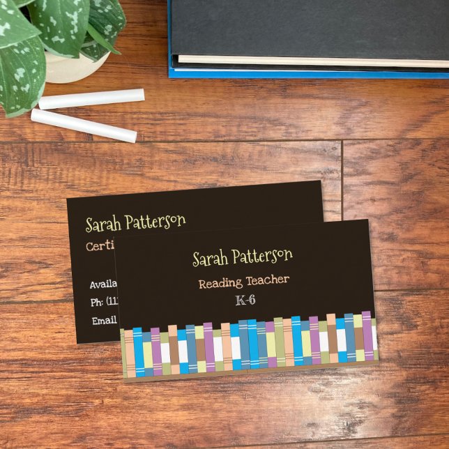 Reading Teacher Black Business Cards (Educator double-sided black business cards with colorful books .)
