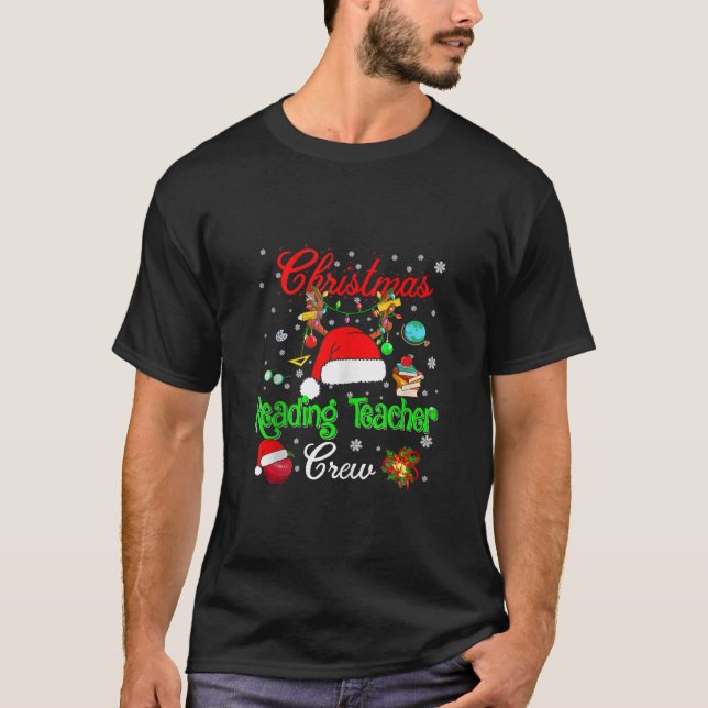 Reading Teacher Crew Christmas Santa Hat Reindeer  T-Shirt (Front)