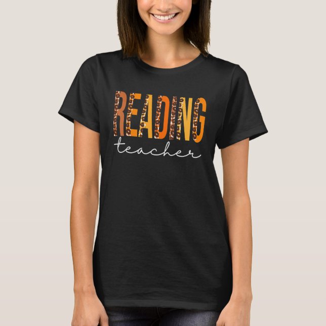 Reading Teacher Leopard Cute Fall Autumn Thanksgiv T-Shirt (Front)