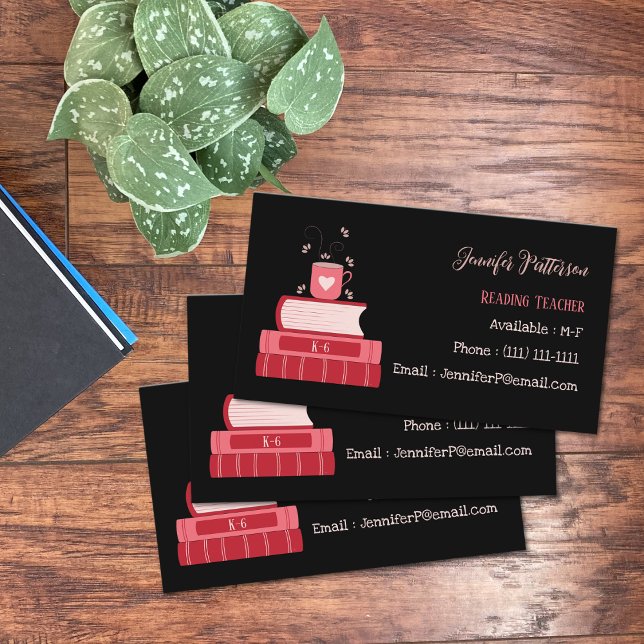 Reading Teacher Red Books Black Business Cards (Red  books and cup , reading teacher black standard business card . )