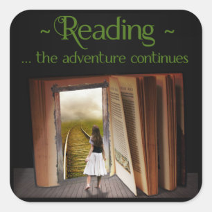 Reading, the adventure continues square sticker