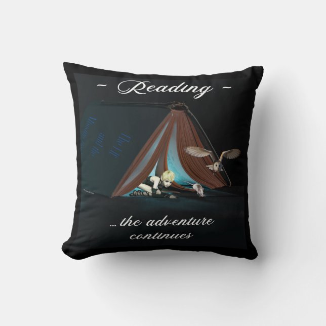 Reading, the adventure continues throw pillow (Front)