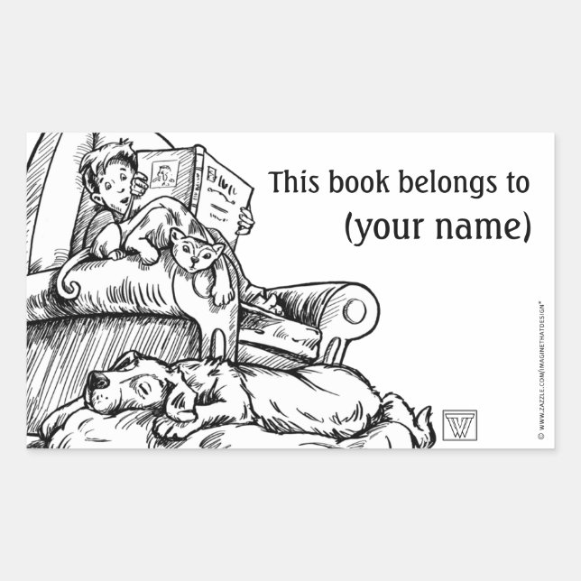 Reading to the Cat and Dog Book Plate Sticker (Front)