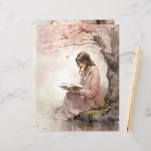 Reading Under Spring Blossom Scrapbook Paper