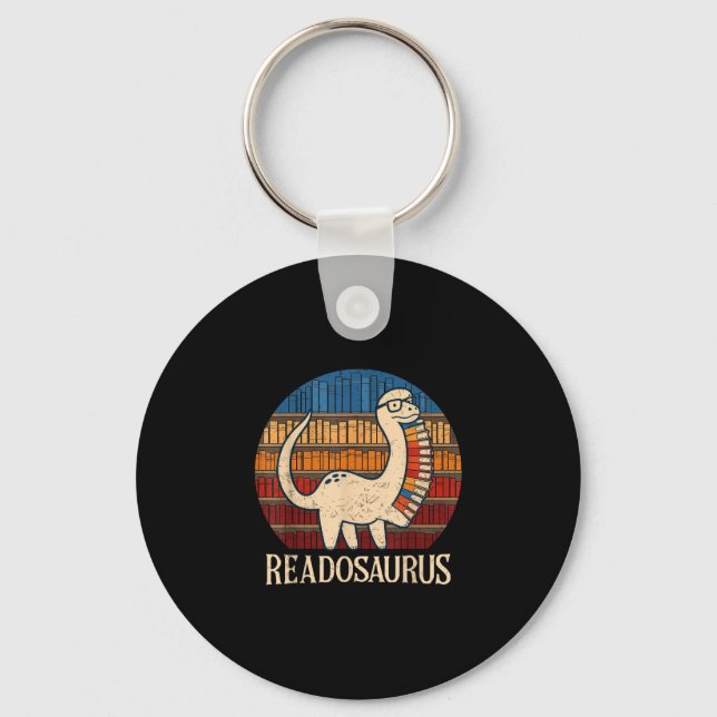 Readosaurus retro sunset funny dinosaur reading keychain (Front)