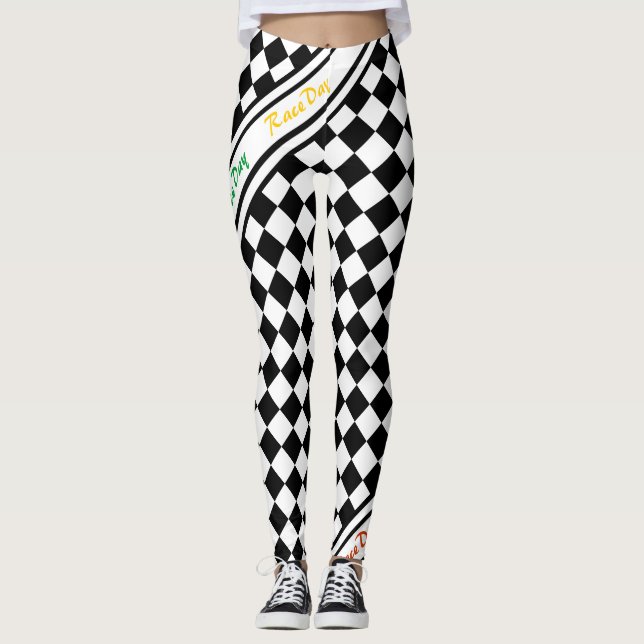 Ready 4 Race Day Classic Racing Check Black White Leggings (Front)