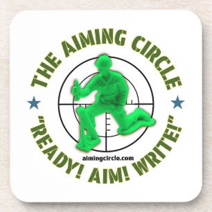 "Ready! Aim! Write!" coasters