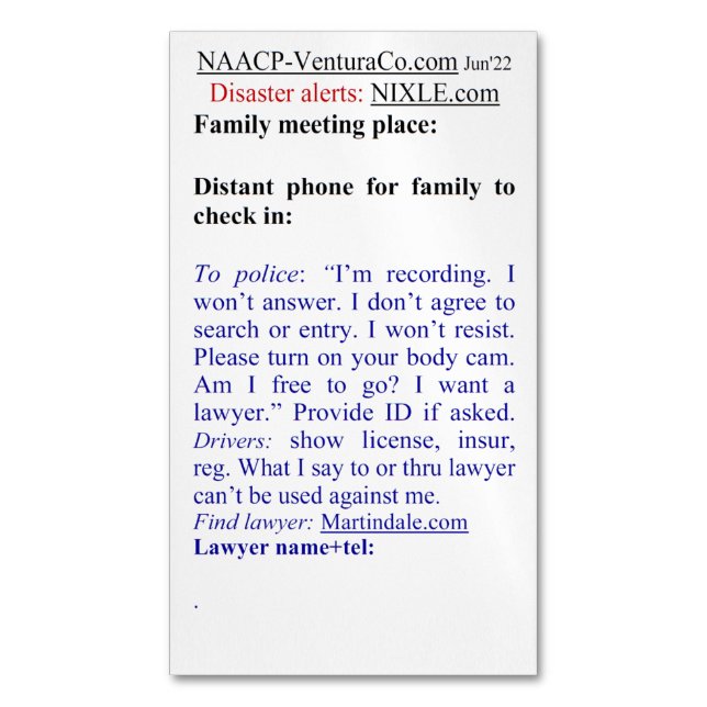 Ready for Emergencies: Disasters or Police Magnetic Business Card (Front Vertical)