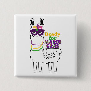 Ready for Mardi Gras cute llama beads purple mask  2 Inch Square Button