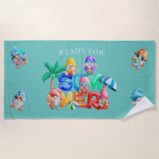 Ready for Summer Gnomes Watercolor Beach Towel (Front)
