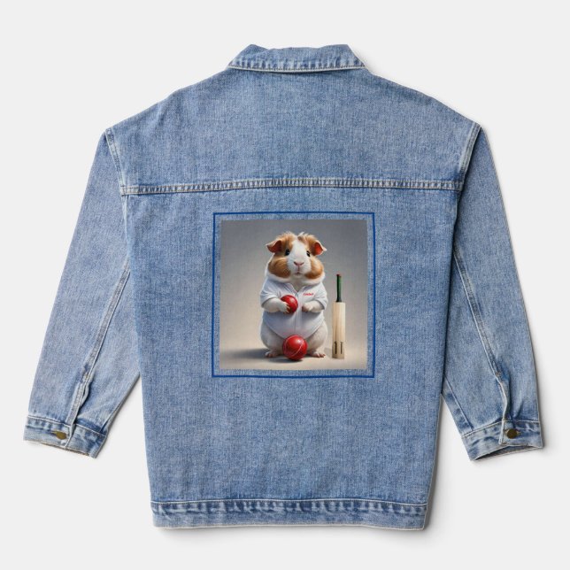 Ready For The Pitch, Guinea Pig Cricketer Denim Jacket (Back)