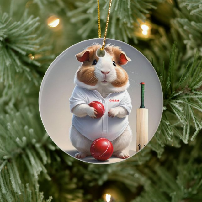 Ready for the Pitch: Guinea Pig in Cricket Gear, Ceramic Ornament (Tree)