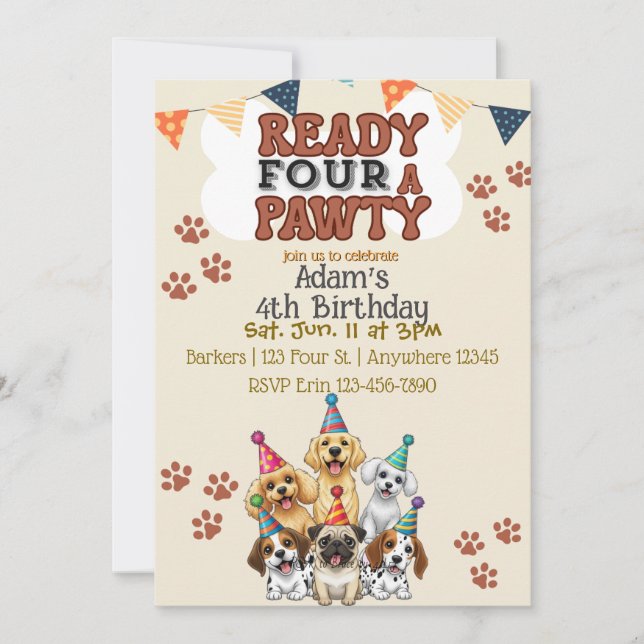 Ready FOUR a Pawty, Dog 4th Birthday Invitation (Front)