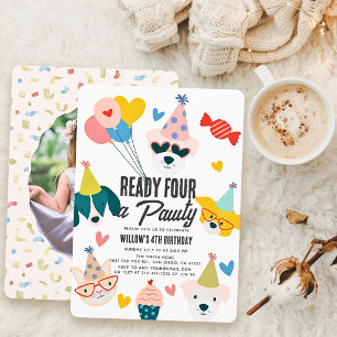 Ready Four Pawty Dogs & Cat Photo 4th Birthday  Invitation