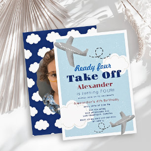 Ready Four Take Off Airplane Photo 4th Birthday Invitation